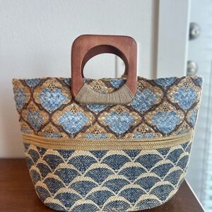 Elegant Blue and Brown Jute Tote Bag